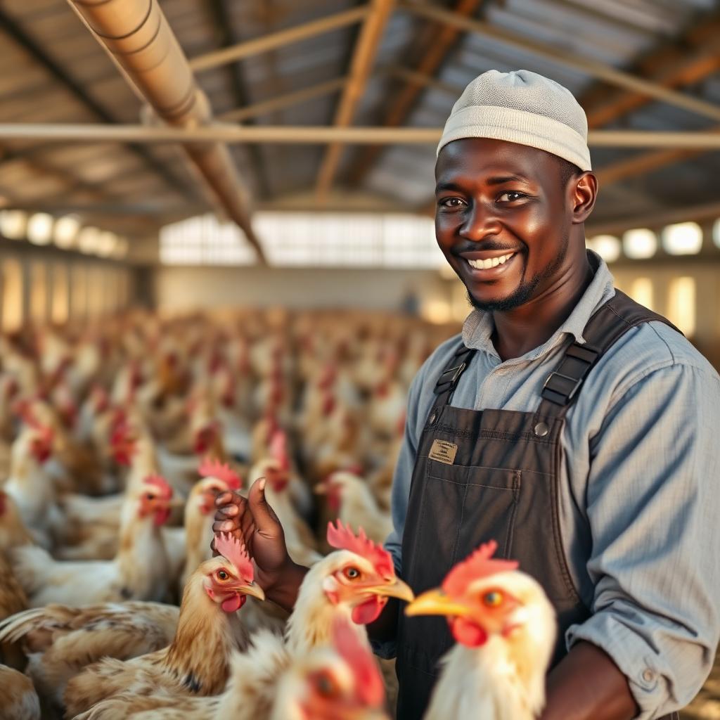 Farm worker inspecting broilers inside a 1706 Farms poultry house